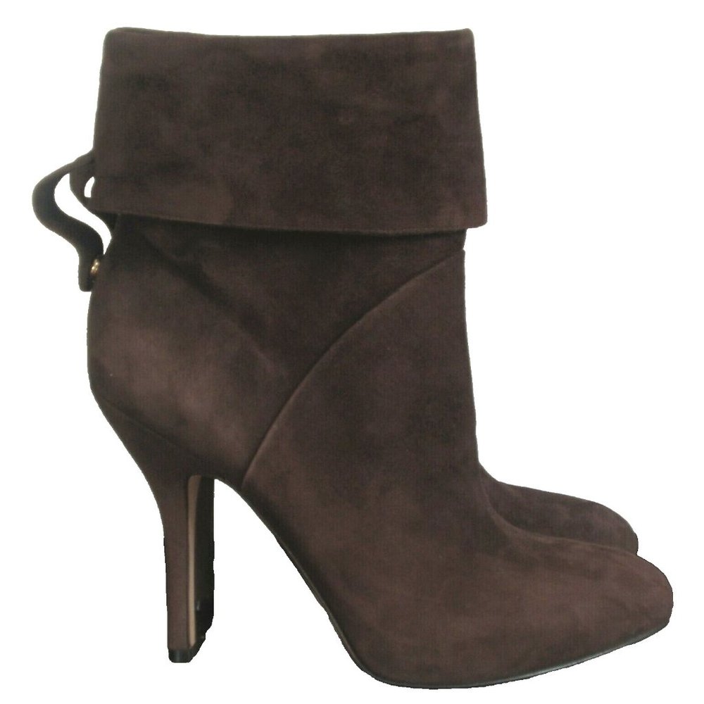 JOAN & DAVID DAHONORIA DARK BROWN SUEDE FOLDOVER STILETTO ANKLE BOOT 7